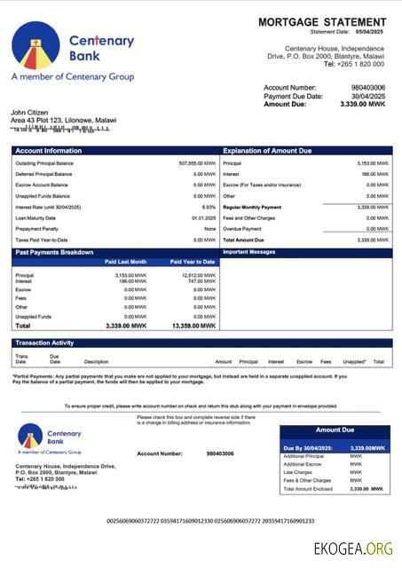 Modèle Word et PDF de relevé hypothécaire de la Malawi Centenary Bank Malawi